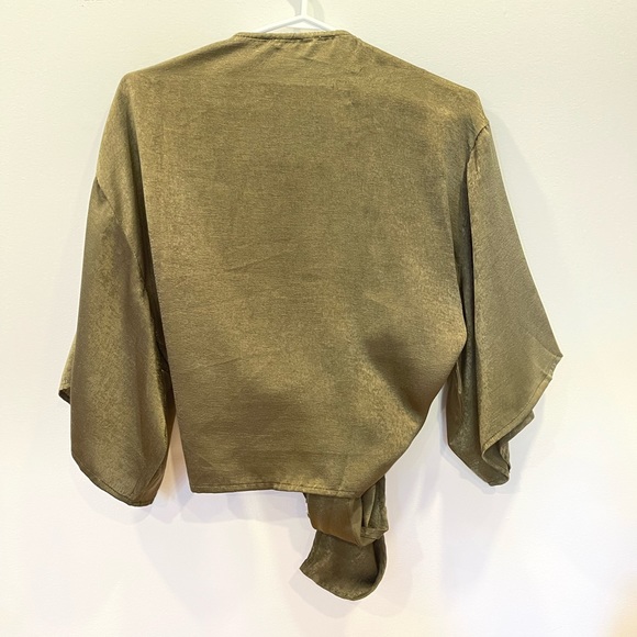 Olive Green Shawl Front-Tie Blouse - Picture 2 of 3